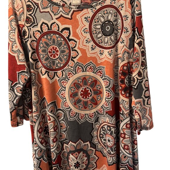 Boho-Chic 3/4 Sleeve Tunic Top By Hershe Sz L L Soft Mandala Print Orange & Gray - Picture 5 of 11